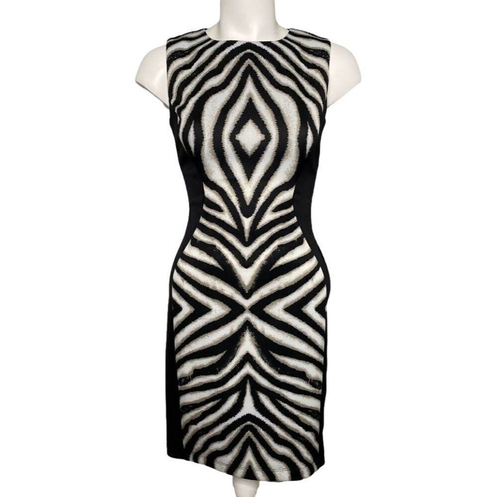 Bisou Bisou Sheath Dress Black Animal Colorblock Stretch Sleeveless Dress Sz 2‎